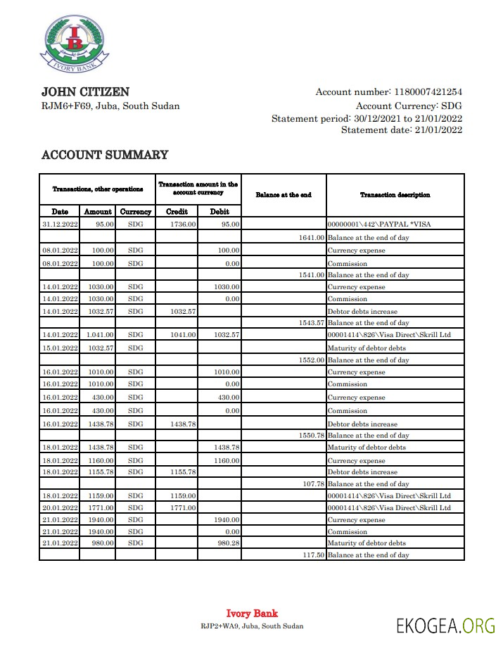 Relevé de la Banque d'Ivoire du Soudan du Sud xls
